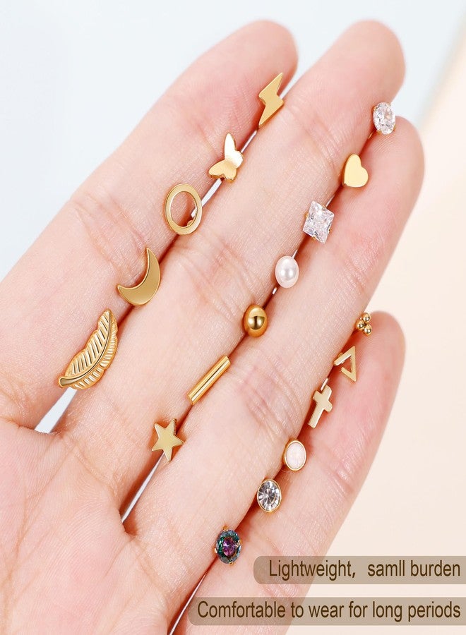 LOREMOW 20G 18Pairs Surgical Steel Threadless Stud Earrings for Women Men Hypoallergenic CZ Flatback Earrings Star Moon Cartilage Helix Tragus Lobe Stud Earring Set for Multiple Piercing G-6 - Image 4